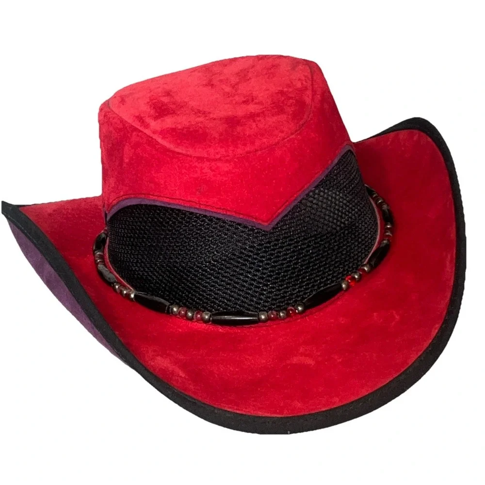 Western Cowboy Hat Red Purple Suede Beaded Band USA Medium EUC Vtg‎ Head N Home - Picture 5 of 15